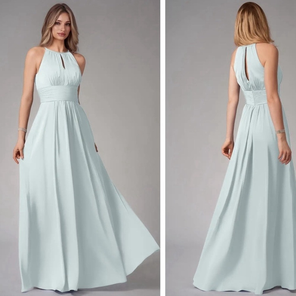 Azazie Bonnie Keyhole Pleated A-Line Chiffon Bridesmaid Dress Size C Sage Green